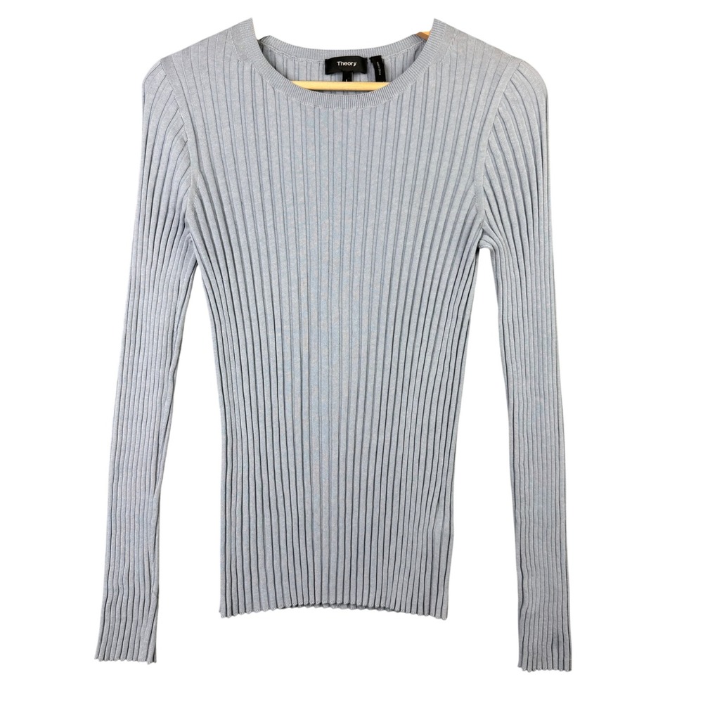 Theory Mirzi BP Airbrush Ribbed Cotton‎ Knit Sweater Light Blue Large J0414704